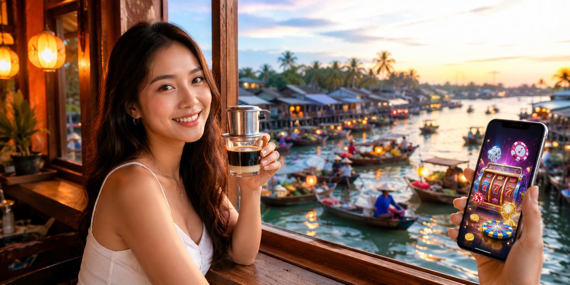 Người dùng thiết lập giới hạn cược trên điện thoại tại quán cà phê Phú Quốc